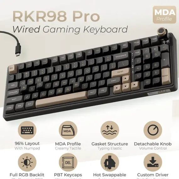 კლავიატურა Royal Kludge RKR98PRO-PT-XW RGB Mechanical Keyboard, Beige Switch, Hot Swappable, Wired, Phantom - Primestore.ge