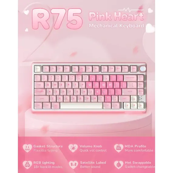 კლავიატურა Royal Kludge RKR75-PM-XH RGB Mechanical Keyboard, Cream Switch, Hot Swappable, Wired, USB, Pink Melody - Primestore.ge
