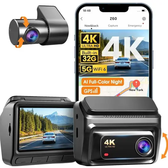 მანქანის ვიდეო რეგისტრატორი DDPAI Z60 2026 4K Dashcam 140°, WIFI GPS, Bluetooth Front and Rear Cam, Car Video Recorder, Black - Primestore.ge