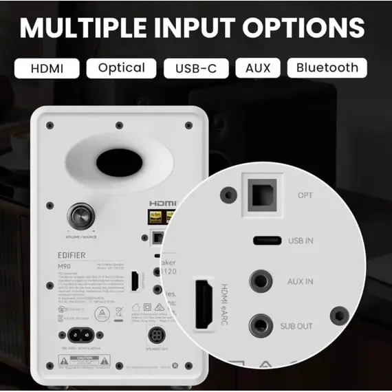 დინამიკი Edifier M90, 100W, HDMI eARC, Optical, Type-C, AUX, Bluetooth, Compact Active Speaker, White - Primestore.ge