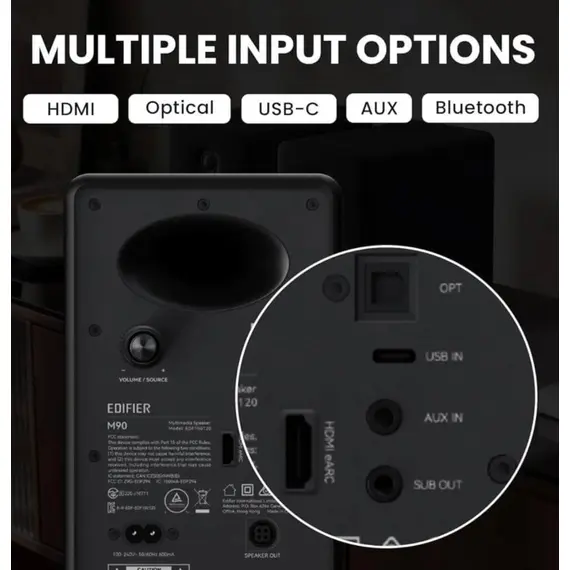 დინამიკი Edifier M90, 100W, HDMI eARC, Optical, Type-C, AUX, Bluetooth, Compact Active Speaker, Black - Primestore.ge