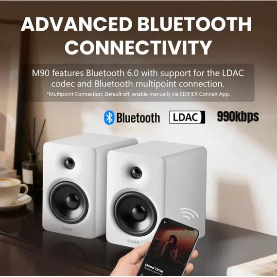 დინამიკი Edifier M90, 100W, HDMI eARC, Optical, Type-C, AUX, Bluetooth, Compact Active Speaker, White - Primestore.ge