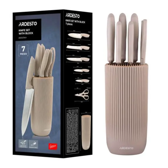 დანების ნაკრები Ardesto Knives Set with block Gemini, 7pcs, stainless steel, plastic, beige - Primestore.ge