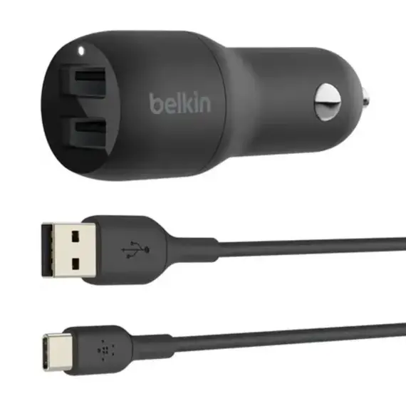 მანქანის დამტენი Belkin Car Charger 24W 2хUSB-A, cable USB-A > USB-C 1m, black - Primestore.ge