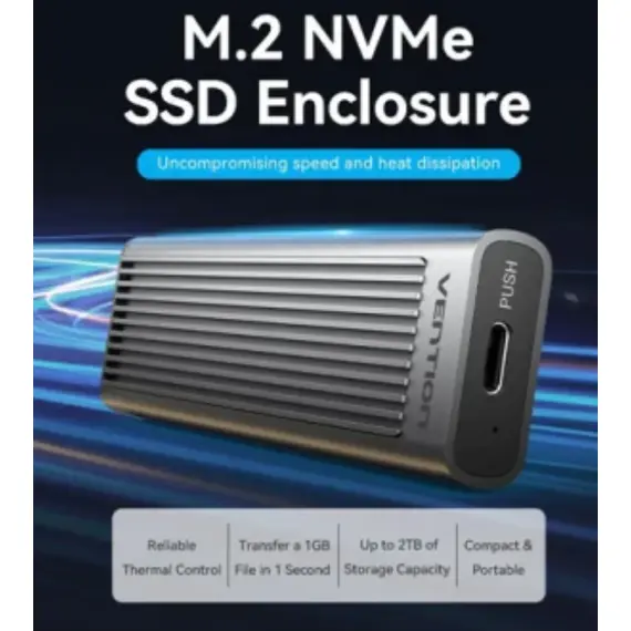 მყარი დისკის ყუთი Vention KPKH0 SSD M.2 NVMe Enclosure 10Gbps (USB 3.1 Gen 2-C) Gray Aluminum - Primestore.ge