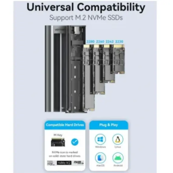 მყარი დისკის ყუთი Vention KPKH0 SSD M.2 NVMe Enclosure 10Gbps (USB 3.1 Gen 2-C) Gray Aluminum - Primestore.ge