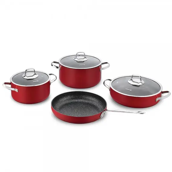 ქვაბის და ტაფის ნაკრები KORKMAZ A1877 ZETA COOKWARE 7pcs/RED  - Primestore.ge