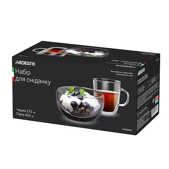 ჭიქები Ardesto Breakfast set double wall borosilicate glass mug 270 ml and bowl 500 ml , 2 image - Primestore.ge