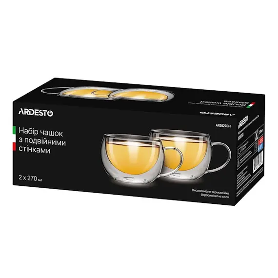 ჭიქები Ardesto Double wall borosilicate glass mug set 270 ml 2 pcs , 2 image - Primestore.ge