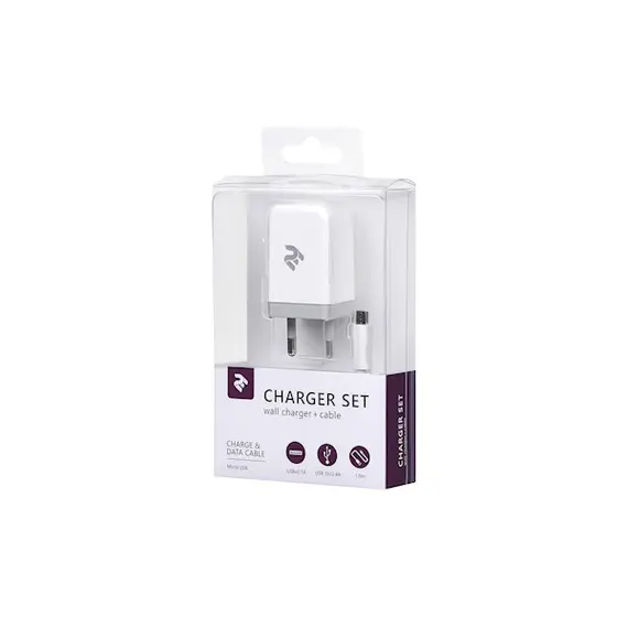მობილურის დამტენი 2E Wall Charger Set USBx2.1A + Cable MicroUSB, 2.4A, 1m, White , 3 image - Primestore.ge