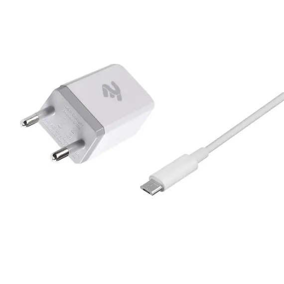 მობილურის დამტენი 2E Wall Charger Set USBx2.1A + Cable MicroUSB, 2.4A, 1m, White , 2 image - Primestore.ge
