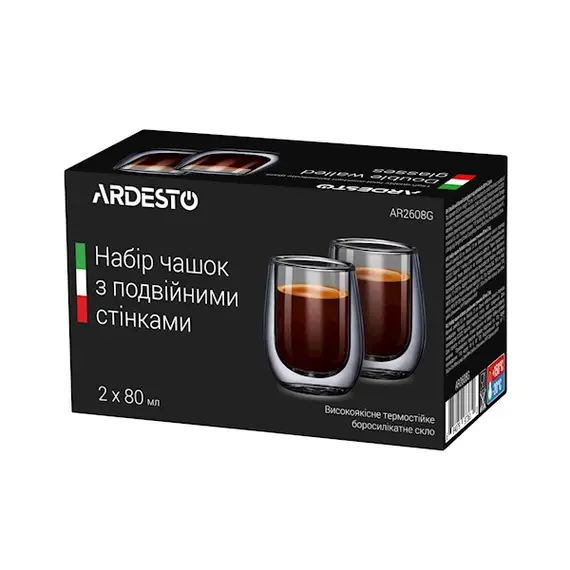 ჭიქები Ardesto Double wall borosilicate glass mug set 80 ml , 2 image - Primestore.ge