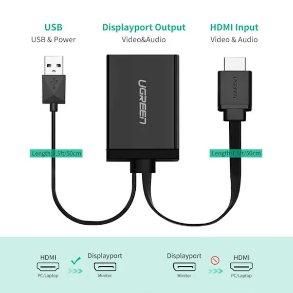 HDMI გადამყვანი UGREEN MM107 (40238) HDMI to DP Converter 0.5m (Black) + USB for power , 3 image - Primestore.ge