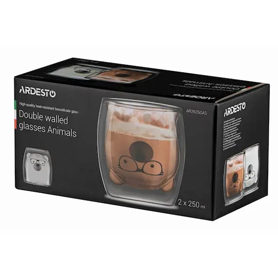 ჭიქების ნაკრები Ardesto AR2625GAS 250ml, 2 pcs Double Wall Borosilicate Glass Mug Set Animals , 2 image - Primestore.ge