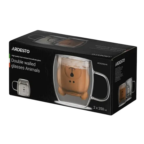 ჭიქების ნაკრები Ardesto AR2625GHA 250ml, 2 pcs Double Wall Borosilicate Glass Mug Set Animals With Handles , 3 image - Primestore.ge