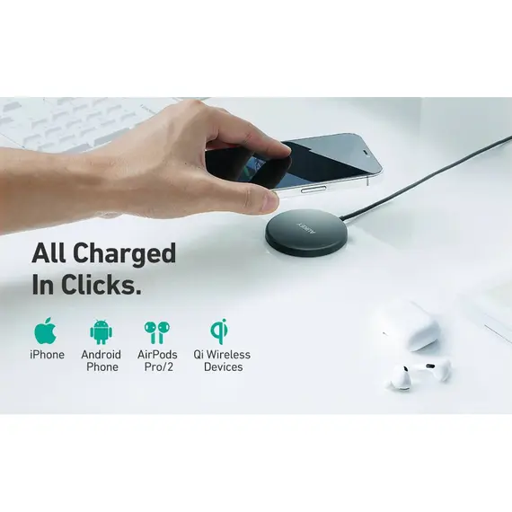 Wireless Charger Aukey Qi-Compatible Snap On 15W Wireless Fast Wireless Charger Magsafe Compatible Black (LC-A1), 2 image