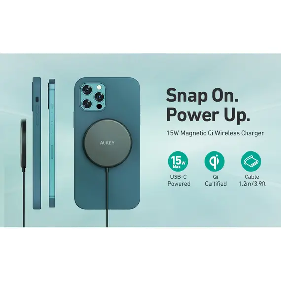 Wireless Charger Aukey Qi-Compatible Snap On 15W Wireless Fast Wireless Charger Magsafe Compatible Black (LC-A1), 3 image