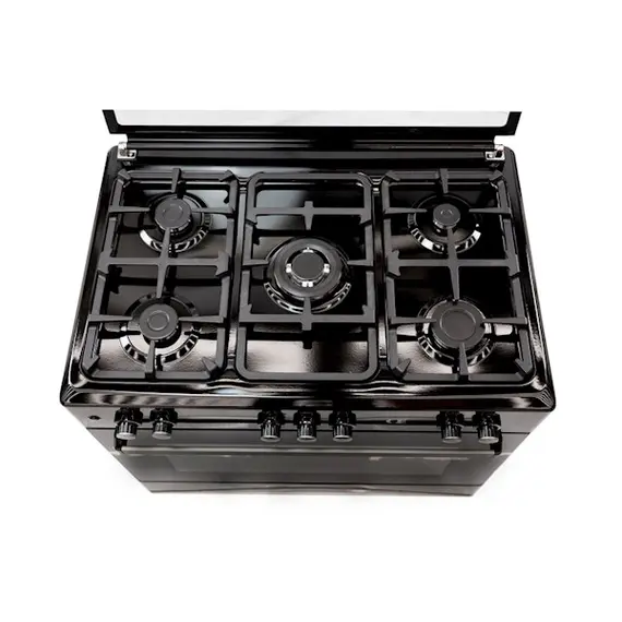 Gas cooker Oz OE 9050 BL OBig90X60B5E Cooker, 5Gas, Wok, Oven-Electric, 7Function, Turnspit, Cast Iron, 90x60x85, Black, Top glass, 2 image
