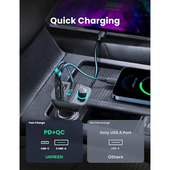 მობილურის დამტენი UGREEN CD229 (80910) Bluetooth Car Charger BT5.0, PD, QC3.0, USB Flash Drive, TF, Black , 5 image - Primestore.ge