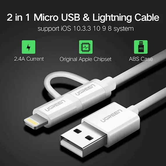 USB cable UGREEN US178 (20876) USB 2.0 to Micro USB + Lightning (2 in 1) Data Cable 1M, 5 image
