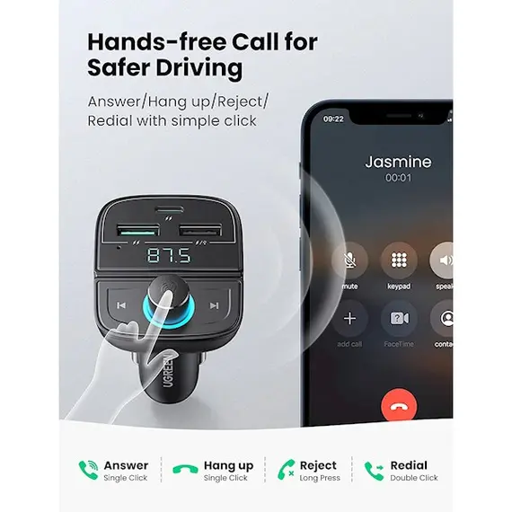 მობილურის დამტენი UGREEN CD229 (80910) Bluetooth Car Charger BT5.0, PD, QC3.0, USB Flash Drive, TF, Black , 7 image - Primestore.ge