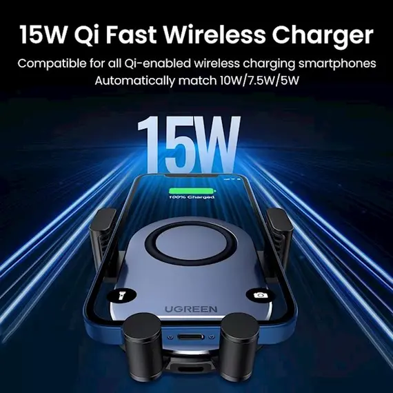 მობილურის დამტენი UGREEN CD256 (40118) Wireless Car Charger, 15W Auto Induction Phone Holder, Black , 5 image - Primestore.ge