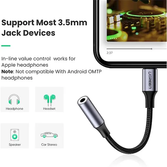 აუდიო ადაპტერი UGREEN 30756 Lightning M/F Round Cable Aluminum Shell with Braided 10cm (Black) , 5 image - Primestore.ge