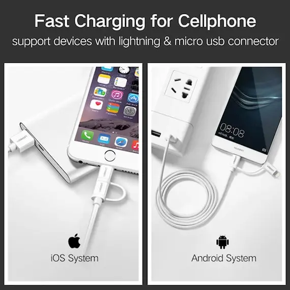 USB cable UGREEN US178 (20876) USB 2.0 to Micro USB + Lightning (2 in 1) Data Cable 1M, 3 image