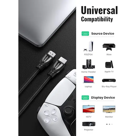 HDMI კაბელი UGREEN HDMI Male to HDMI Male Cable with Braided 2m , 2 image - Primestore.ge