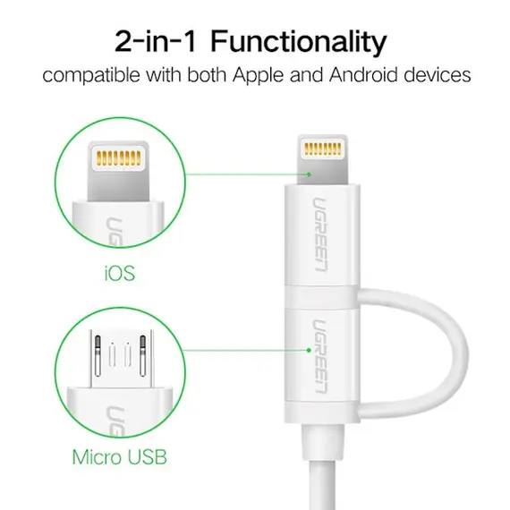 USB cable UGREEN US178 (20876) USB 2.0 to Micro USB + Lightning (2 in 1) Data Cable 1M, 2 image