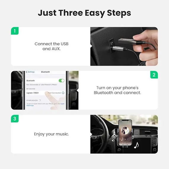 აუდიო ადაპტერი UGREEN CM309 (70601) USB to Aux Car Bluetooth 5.0 Receiver Audio Adapter Black , 7 image - Primestore.ge