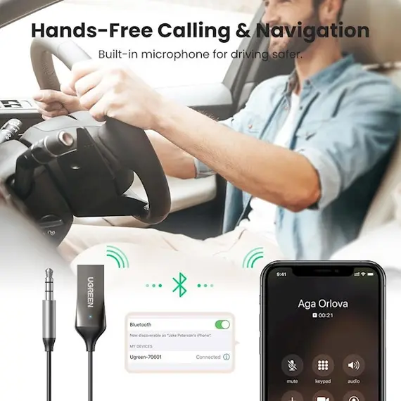 აუდიო ადაპტერი UGREEN CM309 (70601) USB to Aux Car Bluetooth 5.0 Receiver Audio Adapter Black , 3 image - Primestore.ge