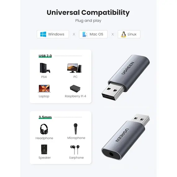 USB ხმის ბარათი UGREEN USB 2.0 to 3.5mm Audio Adapter (CM383) 80864 , 2 image - Primestore.ge
