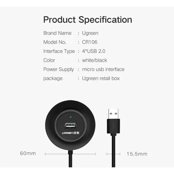 USB ჰაბი UGREEN CR106 (20277) USB 2.0 4 PORTS HUB , 5 image - Primestore.ge