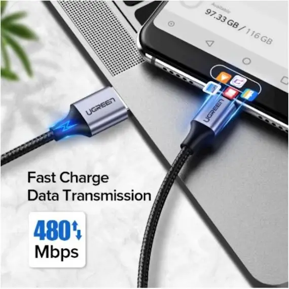 USB კაბელი Ugreen US288 (60126) UGREEN USB 2.0 A to Type C Cable Nickel Plating Aluminum Braid 1m (Black) , 4 image - Primestore.ge