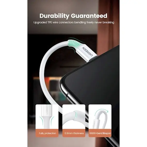 კაბელი UGREEN USB-A Male to Lightning Male Cable Nickel Plating ABS Shell 1m (Black) , 7 image - Primestore.ge