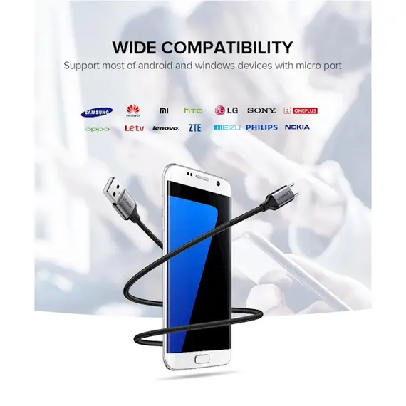 USB კაბელი UGREEN US290 (60146) USB 2.0 A to Micro USB Cable Nickel Plating Aluminum Braid 1m (Black) , 2 image - Primestore.ge