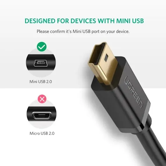 USB კაბელი UGREEN US132 (10386) USB 2.0 A Male to Mini 5 Pin Male Cable 3m (Black) , 3 image - Primestore.ge