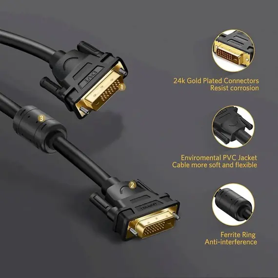DVI კაბელი UGREEN DV101 (11604) DVI-D 24+1 Male to Male Dual Link Video Cable, 2m, Black , 7 image - Primestore.ge