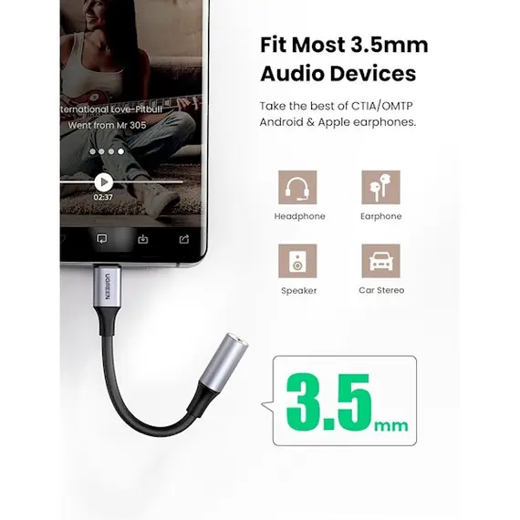 აუდიო ადაპტერი UGREEN USB-C to 3.5mm M/F Cable Aluminum Shell with Braided 10cm (Space Gray) , 4 image - Primestore.ge