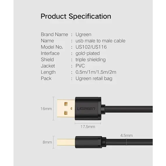 USB კაბელი UGREEN (10310) USB Male to Male Cable 1.5m (Black) , 4 image - Primestore.ge