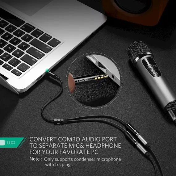 Audio cable Ugreen AV141 (30620) Audio Cable 3.5mm Jack Microphone Splitter cable 1 Male to 2 Female black 20cm, 8 image