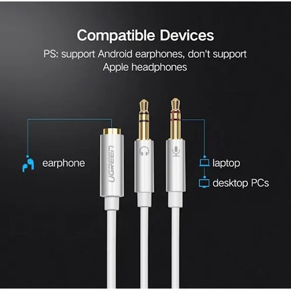 AUX კაბელი UGREEN AV140 (20897) 3.5mm Female to 2 Male Headphone Mic Audio Y Splitter Cable - White , 3 image - Primestore.ge