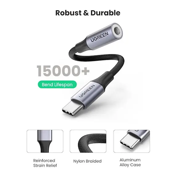 აუდიო ადაპტერი UGREEN USB-C to 3.5mm M/F Cable Aluminum Shell with Braided 10cm (Space Gray) , 6 image - Primestore.ge