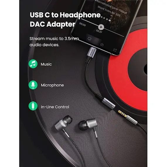 აუდიო ადაპტერი UGREEN USB-C to 3.5mm M/F Cable Aluminum Shell with Braided 10cm (Space Gray) , 2 image - Primestore.ge