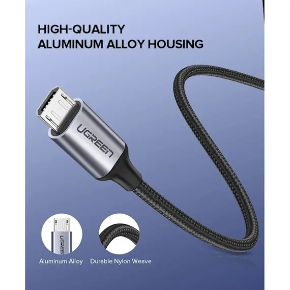 USB კაბელი UGREEN US290 (60146) USB 2.0 A to Micro USB Cable Nickel Plating Aluminum Braid 1m (Black) , 6 image - Primestore.ge