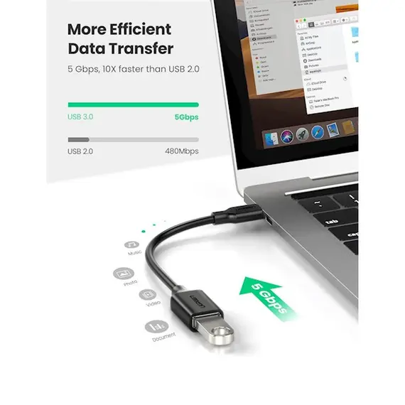 OTG კაბელი UGREEN 30701 USB-C Male to USB 3.0 Female OTG Cable Black USB 3.0 15 cm , 3 image - Primestore.ge
