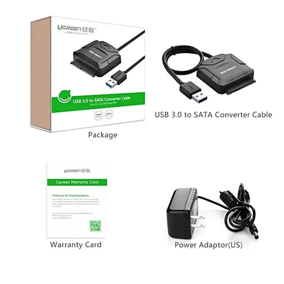 მყარი დისკის  წამკითხველი UGREEN CR108 (20611) USB 3.0 to SATA Hard Driver converter cable with 12V 2A power adapter 50CM , 2 image - Primestore.ge