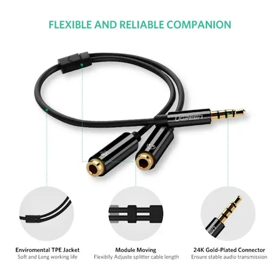 Audio cable Ugreen AV141 (30620) Audio Cable 3.5mm Jack Microphone Splitter cable 1 Male to 2 Female black 20cm, 12 image
