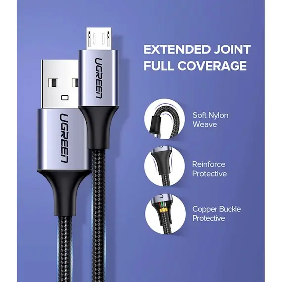 USB კაბელი UGREEN US290 (60146) USB 2.0 A to Micro USB Cable Nickel Plating Aluminum Braid 1m (Black) , 7 image - Primestore.ge